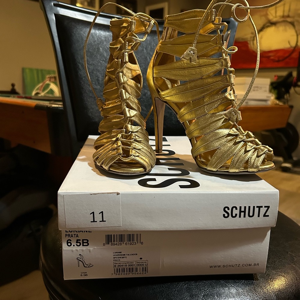 Schutz Gold Gladiator Heels Lace-Up Sandals